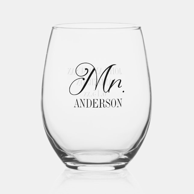 Mr. Bride Groom Wedding Reception Customised Stemless Wine Glass (Front)