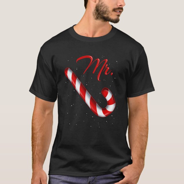 Mr Candy Cane Mrs Merry and Bright Red and White M T-Shirt (Front)