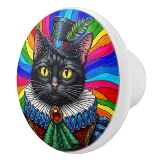 Mr Cat, Victorian Black Cat in Hat  Ceramic Knob