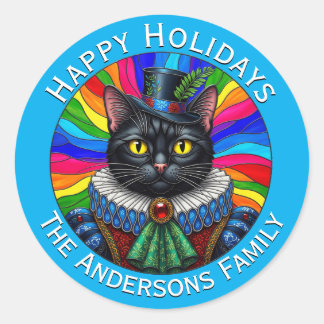 Mr Cat, Victorian Black Cat in Hat, Happy Holidays Classic Round Sticker