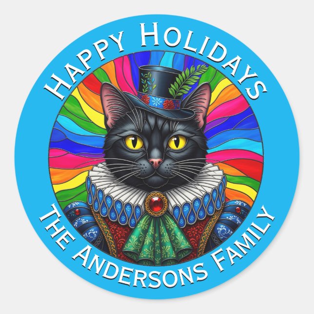 Mr Cat, Victorian Black Cat in Hat, Happy Holidays Classic Round Sticker (Front)