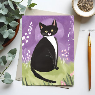 Mr. Chonk   Tuxedo Cat Purple Watercolor Postcard