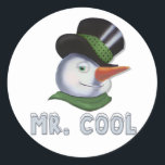 Mr. Cool - Snowman Classic Round Sticker<br><div class="desc">Cool and confident,  that's Mr. Cool. Fun snowman winter design for that favourite cool guy.</div>