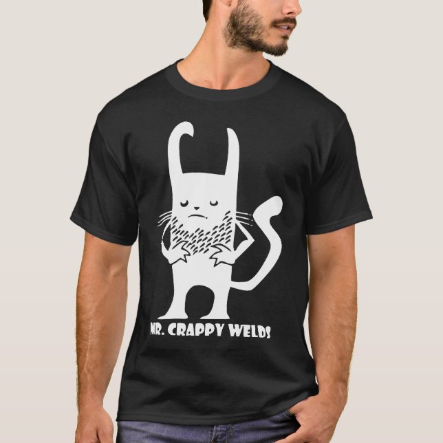 Mr Crappy Welds white on black T-Shirt (Front)