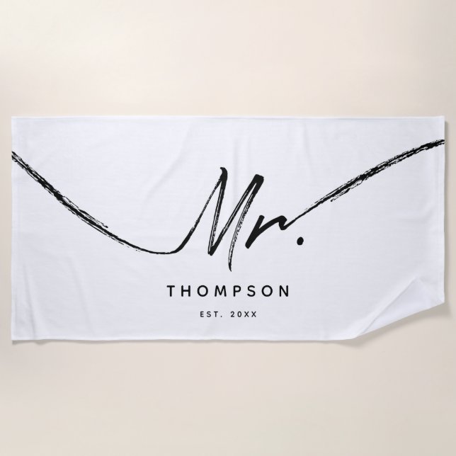 Mr. Custom Modern Black White Minimalist Beach Towel (Front)