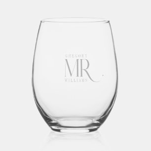 MR., Elegant Light Grey Typography Stemless Wine Glass