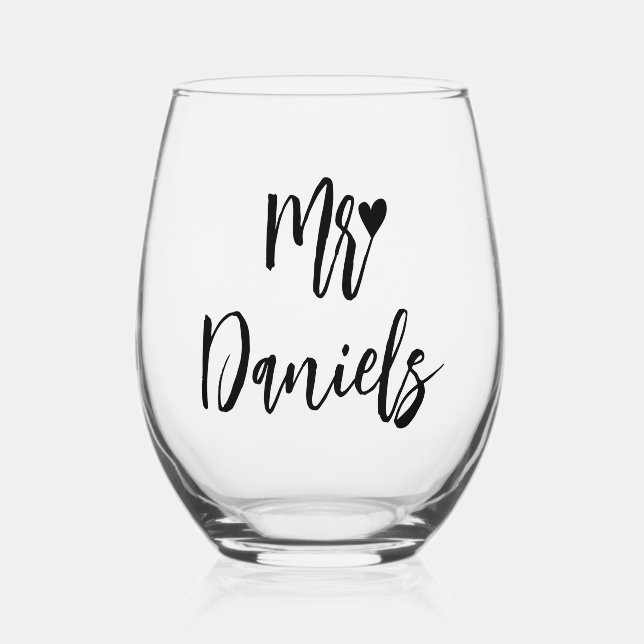 Mr grooms name black typography and heart wedding stemless wine glass (Front)