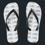 Mr. Husband Groom His Hers Newly Weds Flip Flops<br><div class="desc">Mr. and Mrs. Husband Wife His Hers Newly Weds on a custom set of flip flops to wear or to share. Embroidery designs you can easily personalise are available in a selection of popular colour options. Use the "Ask this Designer" link to contact us with your special design requests or...</div>