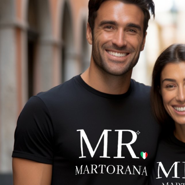 MR. Italian Flag Heart Personal Last Name Couples T-Shirt (Couple's t-shirt in black with MR.Italian Flag Heart for the periodEngagement or Wedding gift)