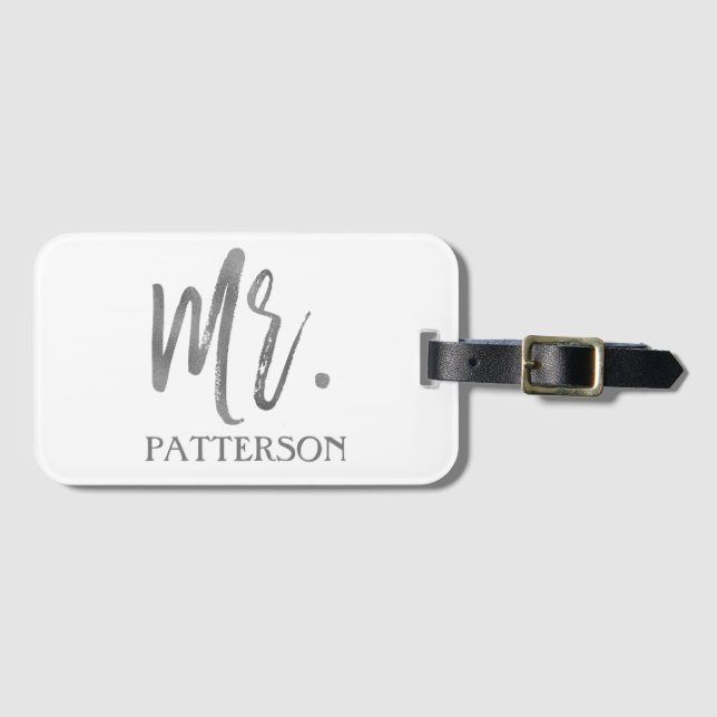 Mr. Last Name Silver Foil Luggage Bag Tag (Front Horizontal)