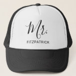 Mr Last Name Simple Husband Groom Newlywed Trucker Hat<br><div class="desc">Simple trucker hat with "Mr." in an elegant script along with your last name in black over a white background.  This modern trucker hat makes a great wedding gift for a groom to wear on his honeymoon.</div>