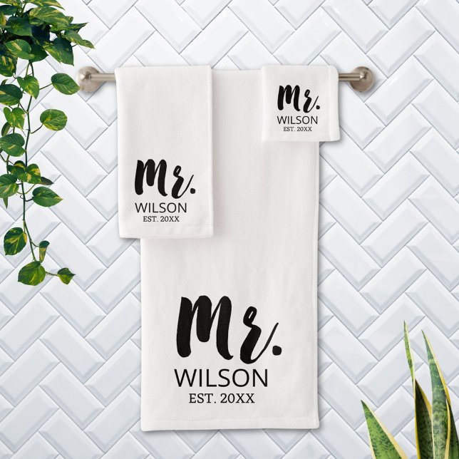 Mr Modern Brush Font Wedding Anniversary Couple Bath Towel Set (In situ Bathroom wall)