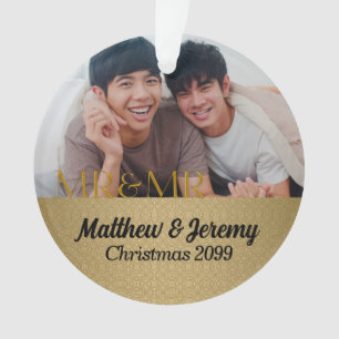 Mr & Mr 1st Christmas Gold Damask Photo Ornament