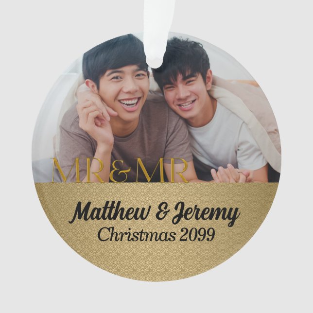 Mr & Mr 1st Christmas Gold Damask Photo Ornament (Front)