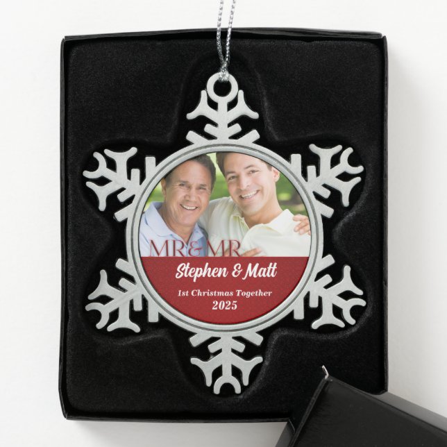 Mr & Mr Gay Couple 1st Christmas Red Photo Snowflake Pewter Christmas Ornament (Box)
