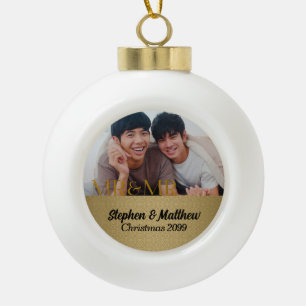 Mr & Mr Gay Marriage Gold Damask Photo Ceramic Ball Christmas Ornament