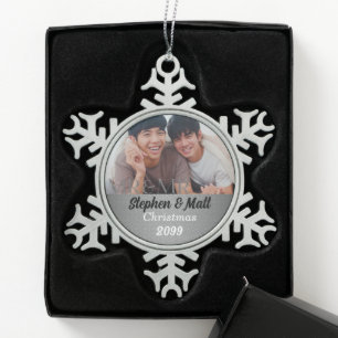 Mr. & Mr. Gay Marriage Silver Damask Photo Snowflake Pewter Christmas Ornament