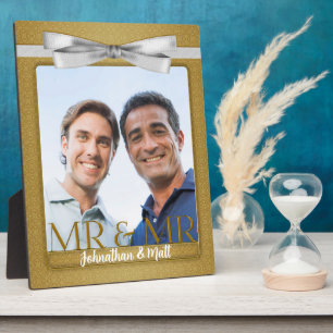 Mr & Mr Gay Wedding Gold Damask Photo Plaque