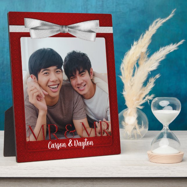 Mr & Mr Gay Wedding Red Damask Photo Plaque (Side)