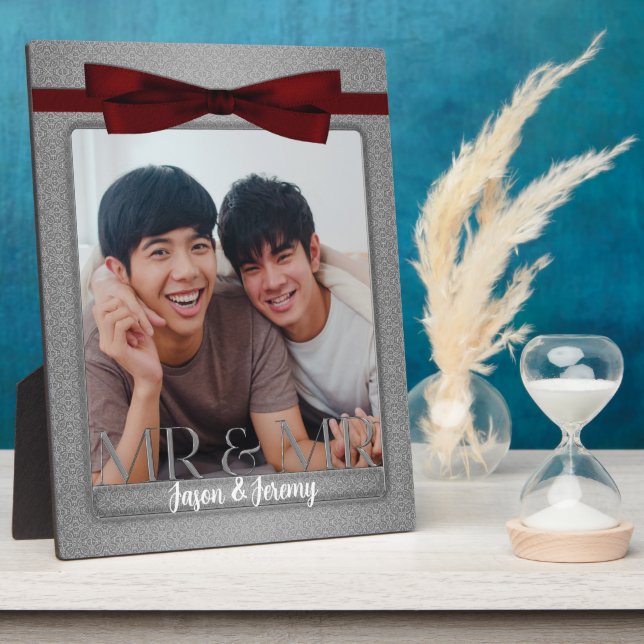 Mr & Mr Gay Wedding Silver and Red Photo Plaque (Side)