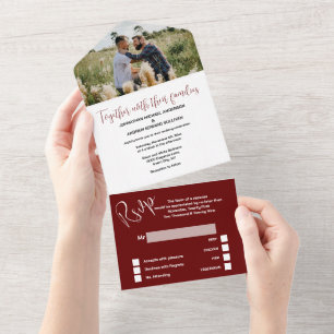 Mr & Mr maroon white simple elegant PHOTO wedding All In One Invitation