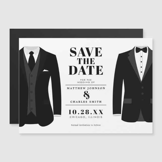 Mr. & Mr. Modern Black Wedding Tux - Save the Date Magnetic Invitation (Front/Back)