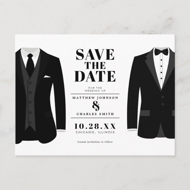 Mr. & Mr. Modern Black Wedding Tux - Save the Date Postcard (Front)