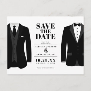 Mr. & Mr. Modern Black Wedding Tux - Save the Date Postcard