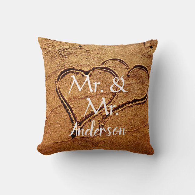 Mr. & Mr. name two hearts in sand gay wedding Cushion (Front)