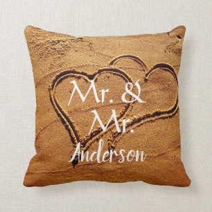 Mr. & Mr. name two hearts in sand gay wedding Cushion