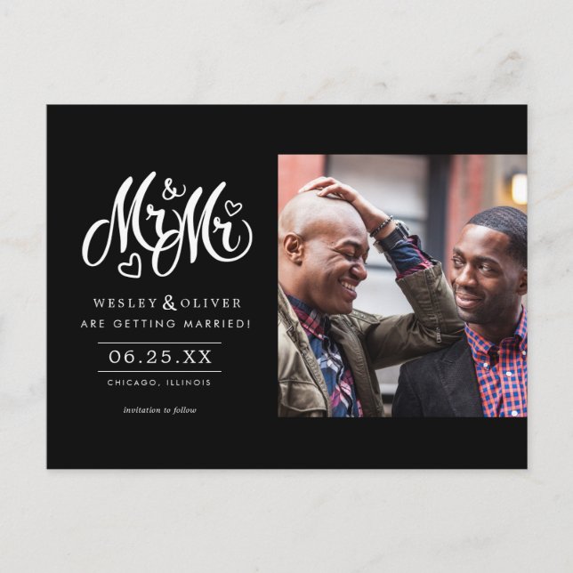 Mr. & Mr. Script - Save the Date with Photo Postcard (Front)