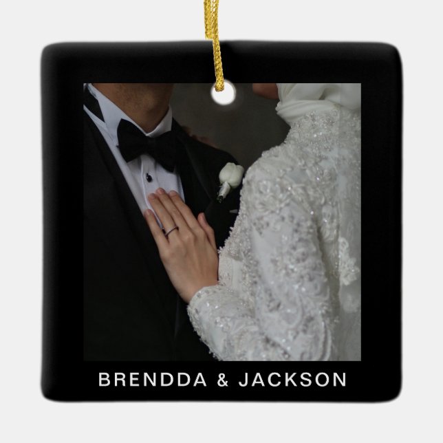 Mr. Mrs. 1 Photo Collage First Christmas  Ceramic Ornament (Front)