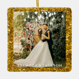 Mr. Mrs. 1 Photo Collage First Christmas golden Ceramic Ornament