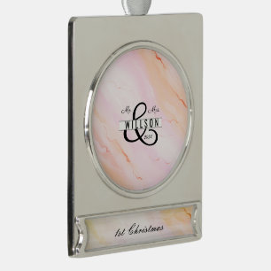 Mr. & Mrs 1st Christmas Banner Pink Watercolor Silver Plated Banner Ornament