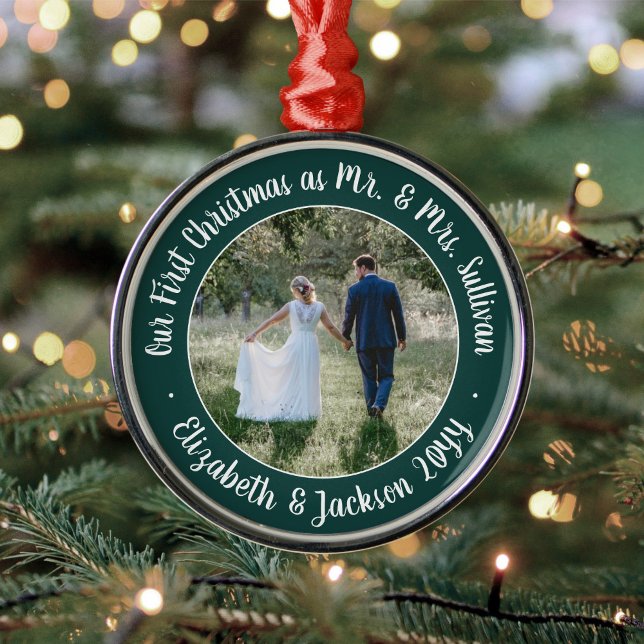 Mr & Mrs 1st Christmas Photo Script Green & White Metal Tree Decoration (Creator Uploaded)