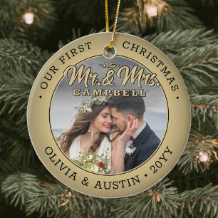 Mr & Mrs 2 Photo Newlyweds 1st Xmas Faux Gold Ceramic Tree Decoration