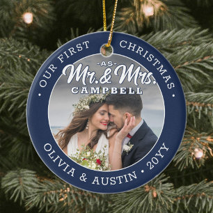 Mr & Mrs 2 Photo Newlyweds 1st Xmas Navy and White Ceramic Tree Decoration