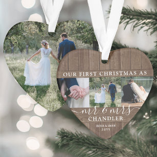 Mr & Mrs 4 Photo First Christmas Rustic Faux Wood Ornament