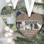 Mr & Mrs 4 Photo First Christmas Rustic Faux Wood Ornament<br><div class="desc">Celebrate a joyful 1st holiday as a married couple with a custom 4 photo collage "Our First Christmas as Mr. & Mrs." heart-shaped acrylic ornament. All text and images on this template are simple to personalise. (IMAGE PLACEMENT TIP: An easy way to centre a photo exactly how you want is...</div>