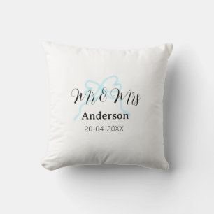 Mr & Mrs add family name date year wedding bow Cushion