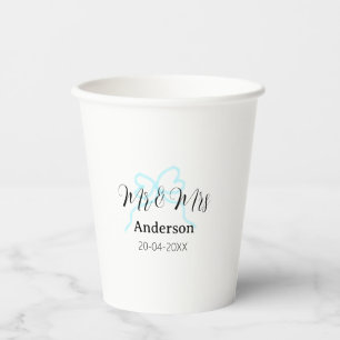 Mr & Mrs add family name date year wedding bow Paper Cups