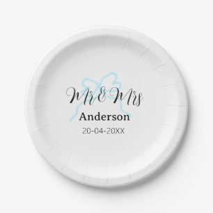 Mr & Mrs add family name date year wedding bow Paper Plate
