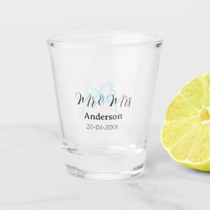 Mr & Mrs add family name date year wedding bow Shot Glass