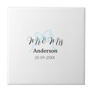 Mr & Mrs add family name date year wedding bow Tile