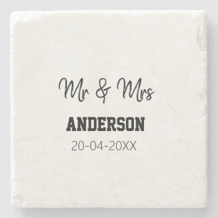 Mr & Mrs add family name date year wedding favor g Stone Coaster