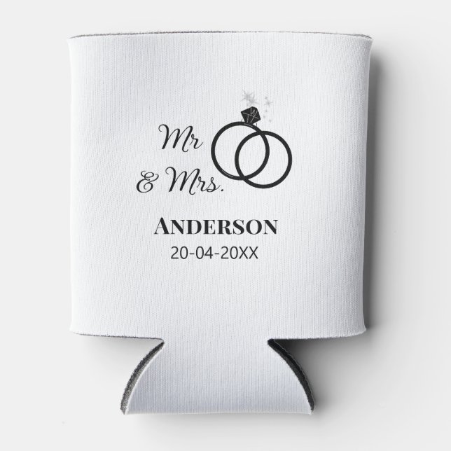 Mr & Mrs add family name date year wedding favour  Can Cooler (Front)