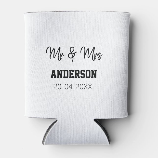 Mr & Mrs add family name date year wedding favour  Can Cooler (Front)