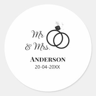 Mr & Mrs add family name date year wedding favour  Classic Round Sticker