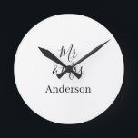 Mr & Mrs add family name date year wedding favour  Round Clock<br><div class="desc">design</div>