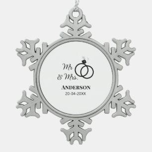 Mr & Mrs add family name date year wedding favour  Snowflake Pewter Christmas Ornament